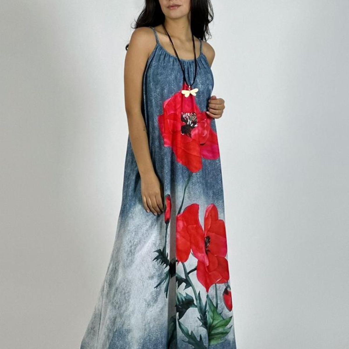 ENIGMATICA BOUTIQUE - Vestido Mezclilla Delgada Con Flores Cayena
