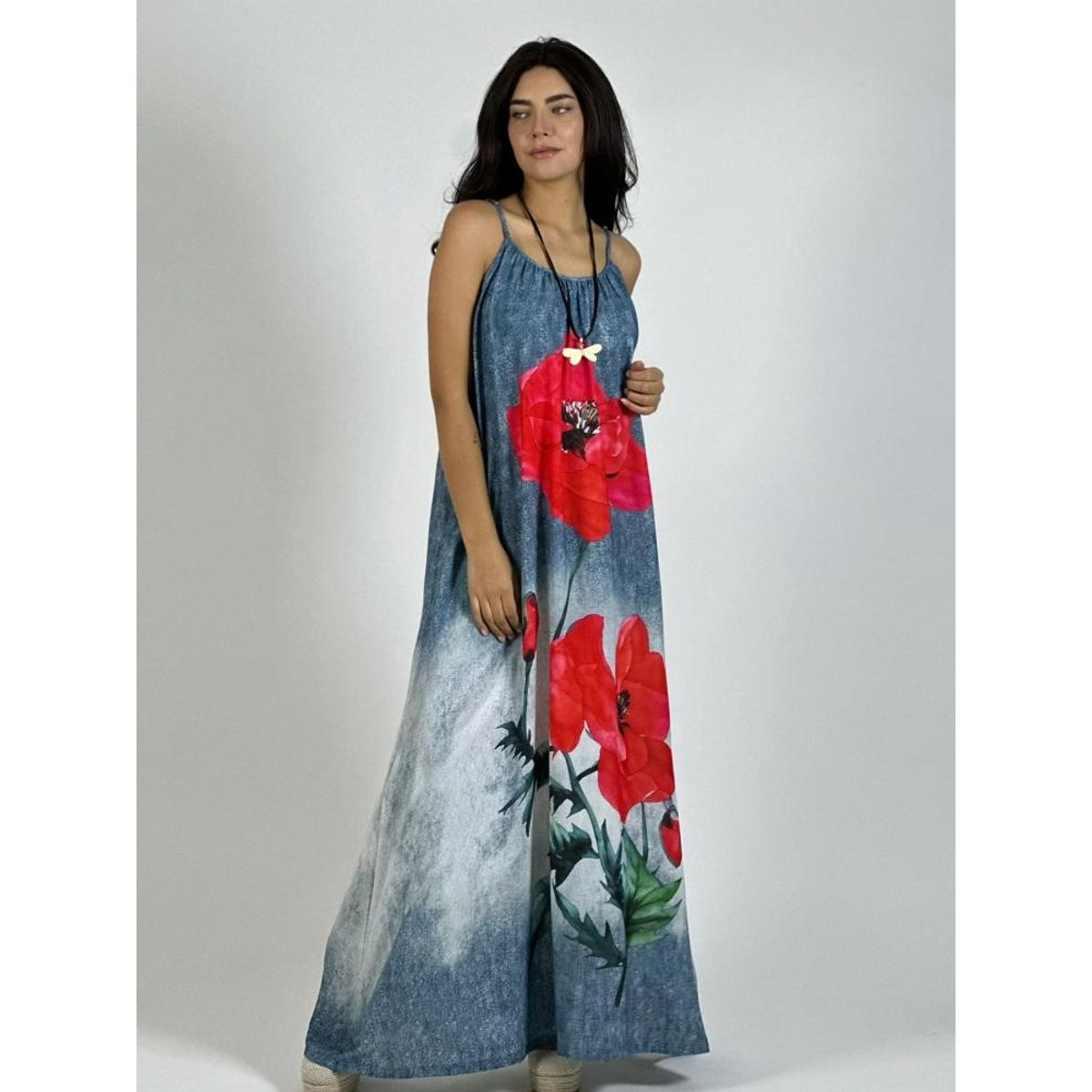 ENIGMATICA BOUTIQUE - Vestido Mezclilla Delgada Con Flores Cayena