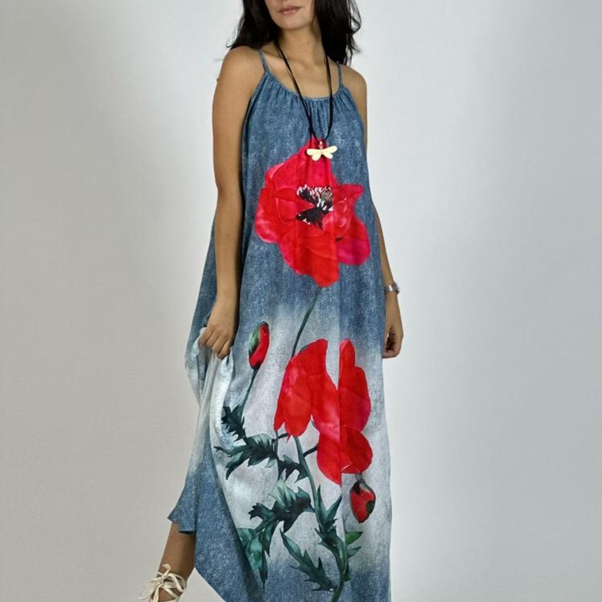 ENIGMATICA BOUTIQUE - Vestido Mezclilla Delgada Con Flores Cayena