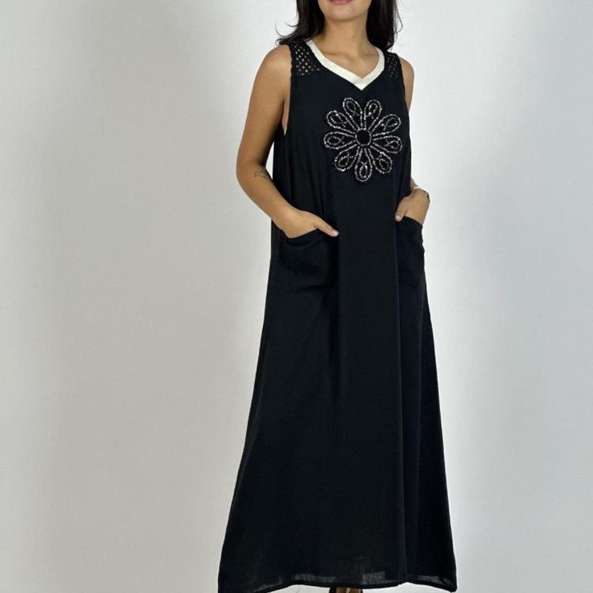 ENIGMATICA BOUTIQUE - Vestido Lino Hombros Tejidos Flor