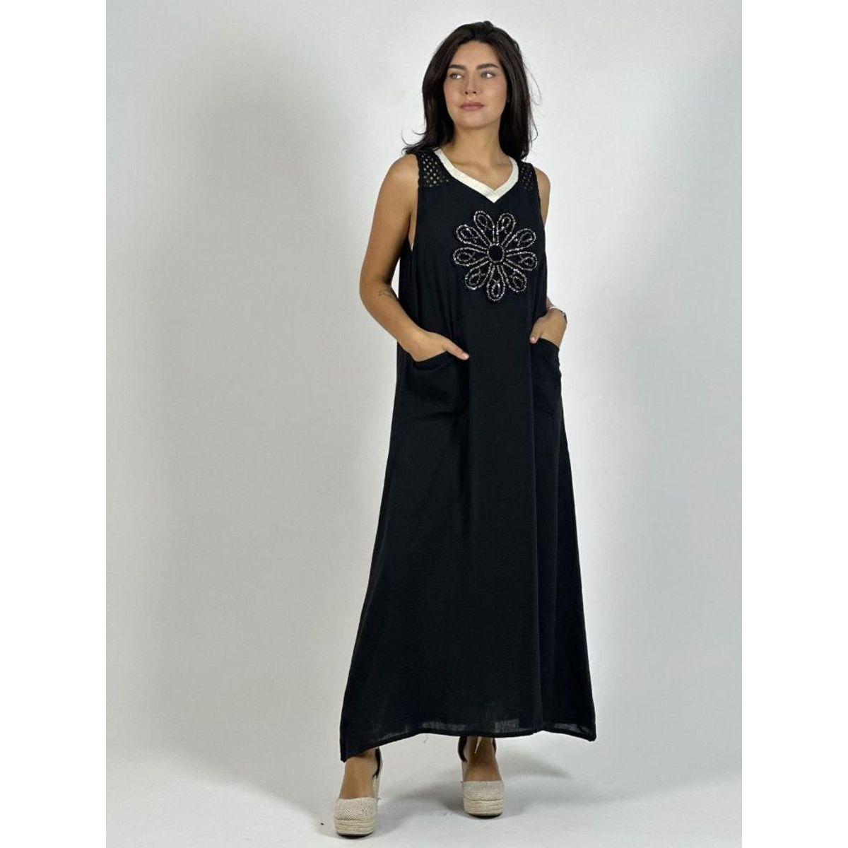ENIGMATICA BOUTIQUE - Vestido Lino Hombros Tejidos Flor