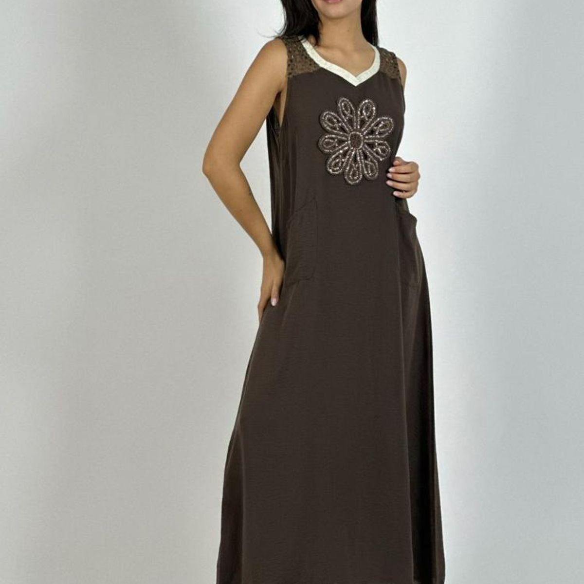 ENIGMATICA BOUTIQUE - Vestido Lino Hombros Tejidos Flor