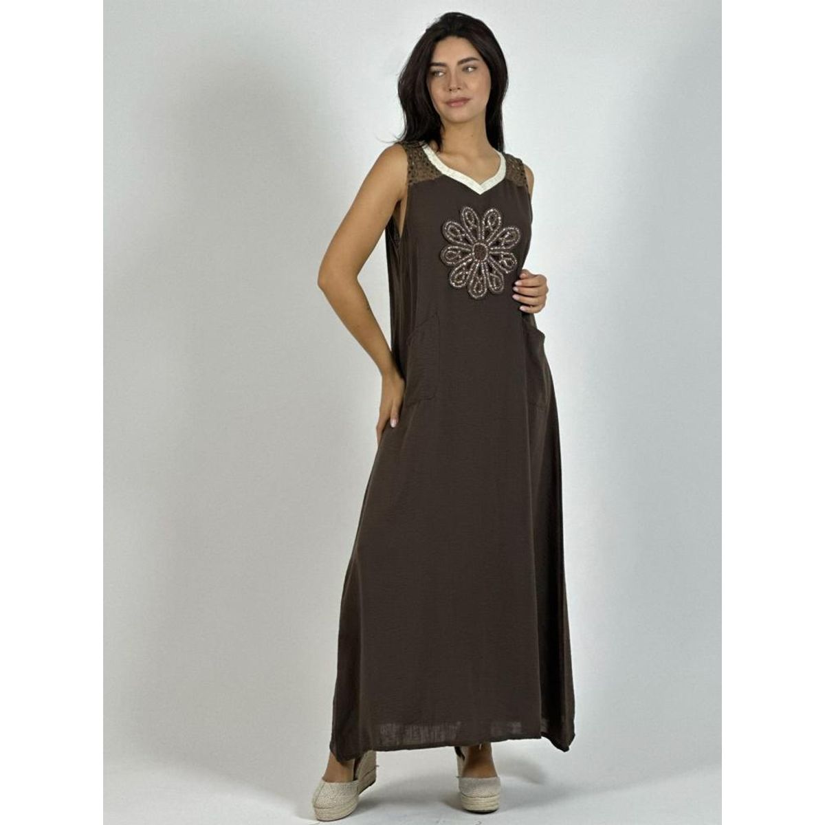 ENIGMATICA BOUTIQUE - Vestido Lino Hombros Tejidos Flor