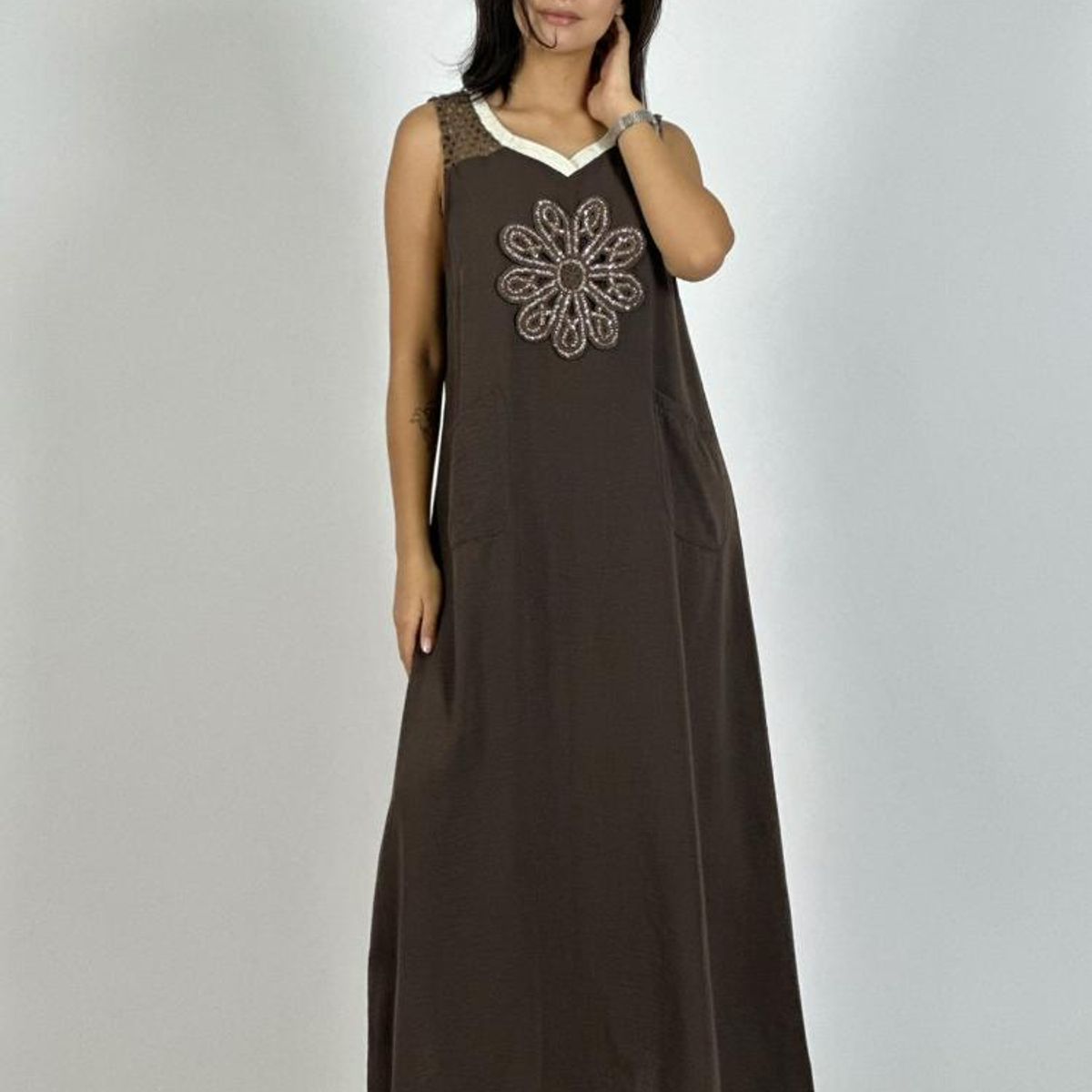 ENIGMATICA BOUTIQUE - Vestido Lino Hombros Tejidos Flor