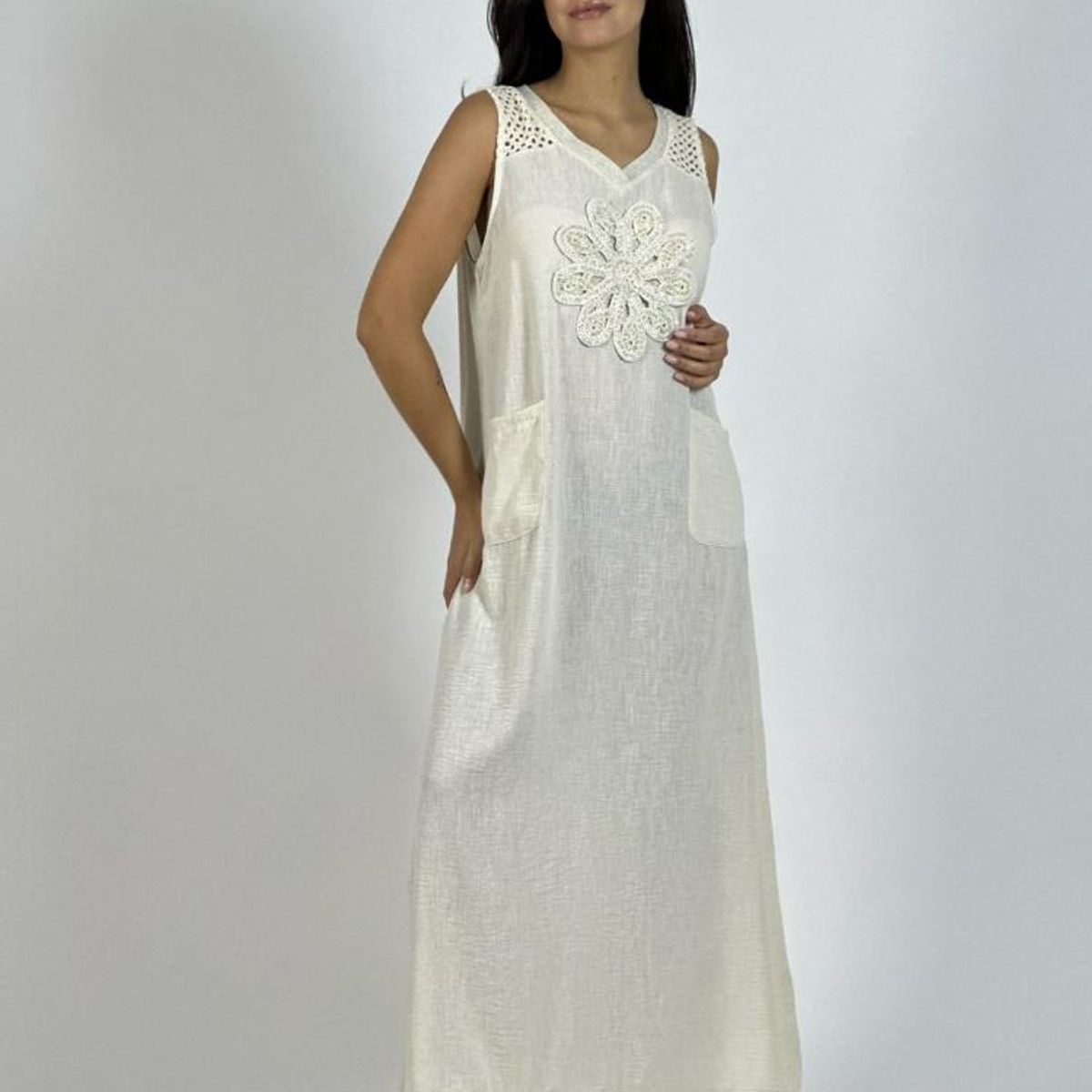 ENIGMATICA BOUTIQUE - Vestido Lino Hombros Tejidos Flor