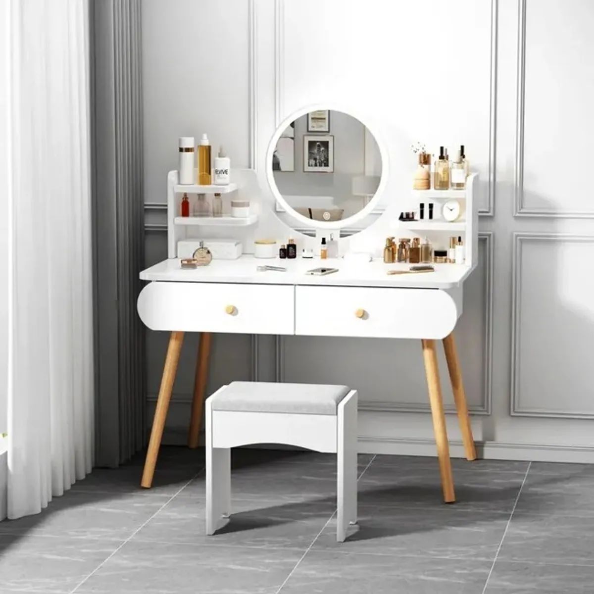 MOVI - TOCADOR O MESA DE MAQUILLAJE Y PEINADO CON LUZ LED, 2 CAJONES Y ASIENTO