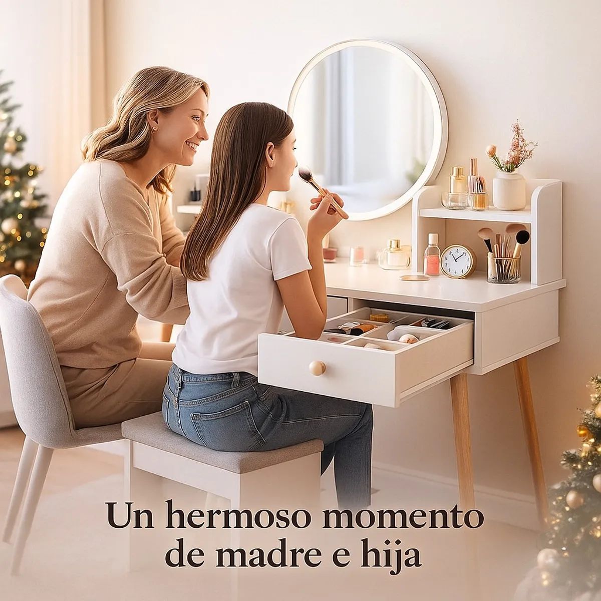 MOVI - TOCADOR O MESA DE MAQUILLAJE Y PEINADO CON LUZ LED, 2 CAJONES Y ASIENTO