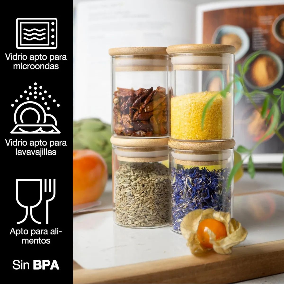 UMEXUS - 12 Frascos De Especias Con Tapa De Bambú + Etiquetas Adhesivas Y Marcador