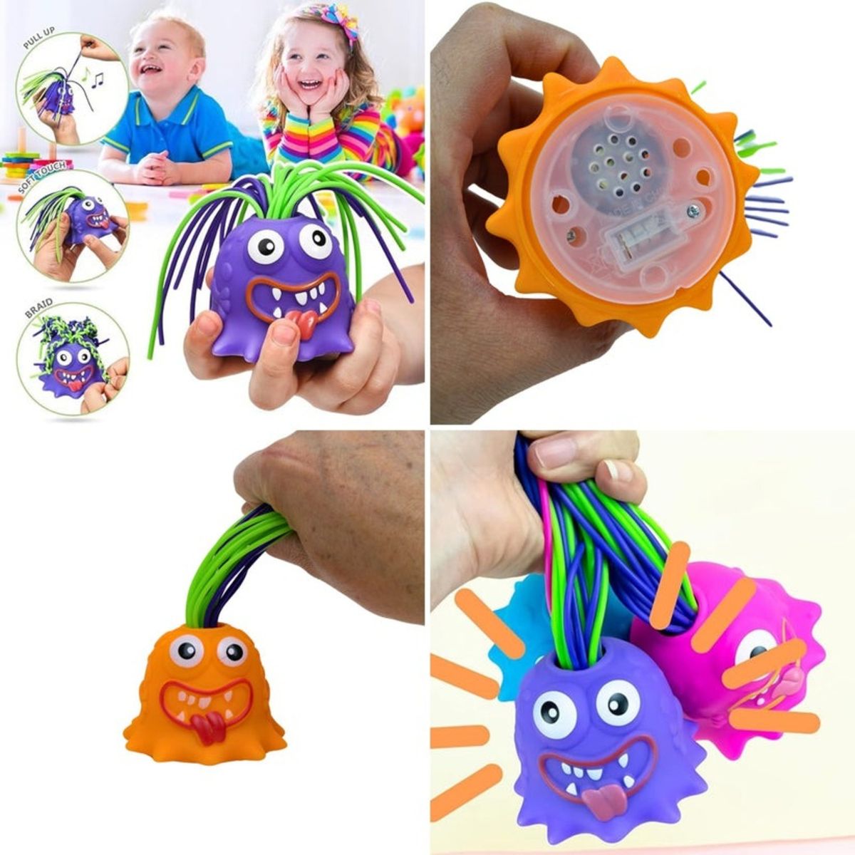 SOLEIO - PACK X 4 MUÑECO ANTI ESTRÉS SCREAM MONSTER JALANDO EL PELO NARANJA