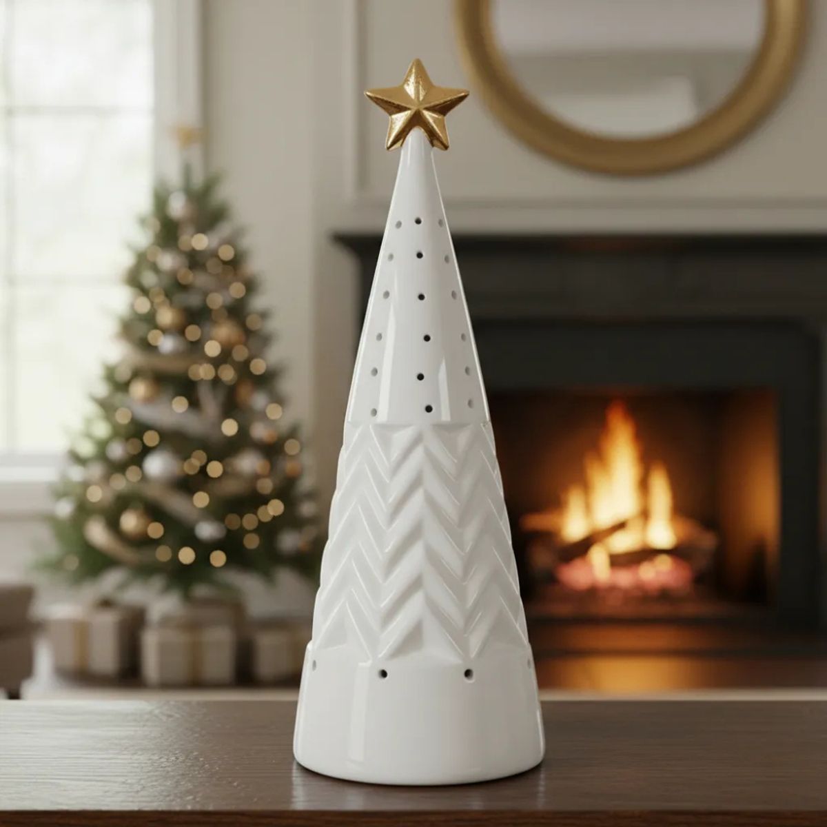 GENERICO - Adorno Árbol Pino Con Estrella Led Cerámica 24 Cm Navidad