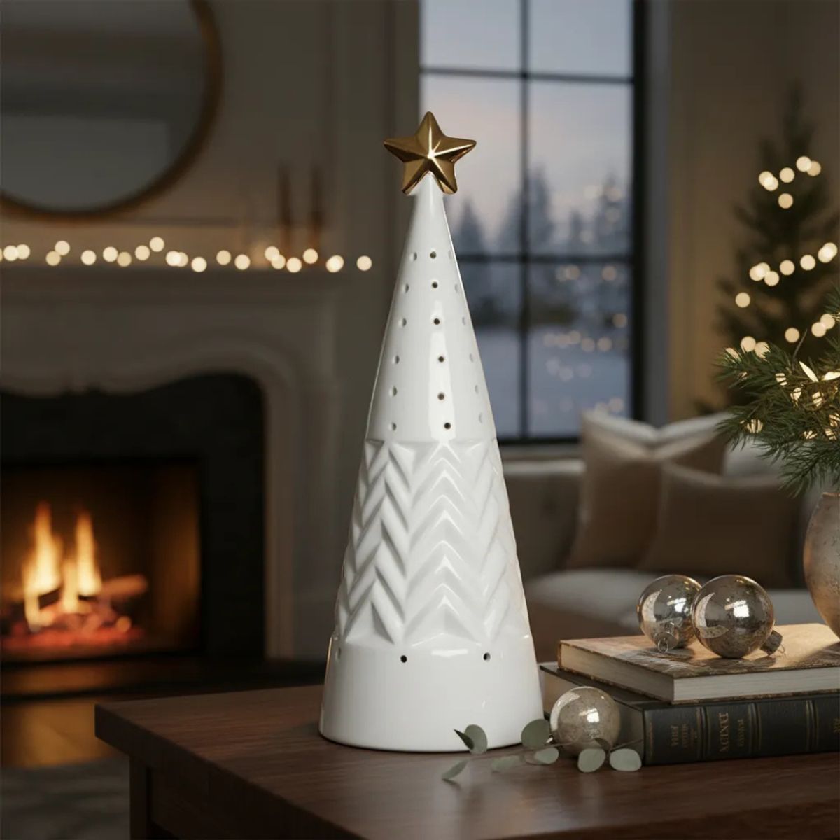 GENERICO - Adorno Árbol Pino Con Estrella Led Cerámica 24 Cm Navidad