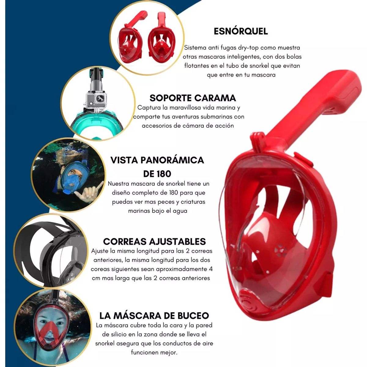 ANENG - Máscara Snorkel Fullface Buceo Antiniebla Soporte Gopro S M