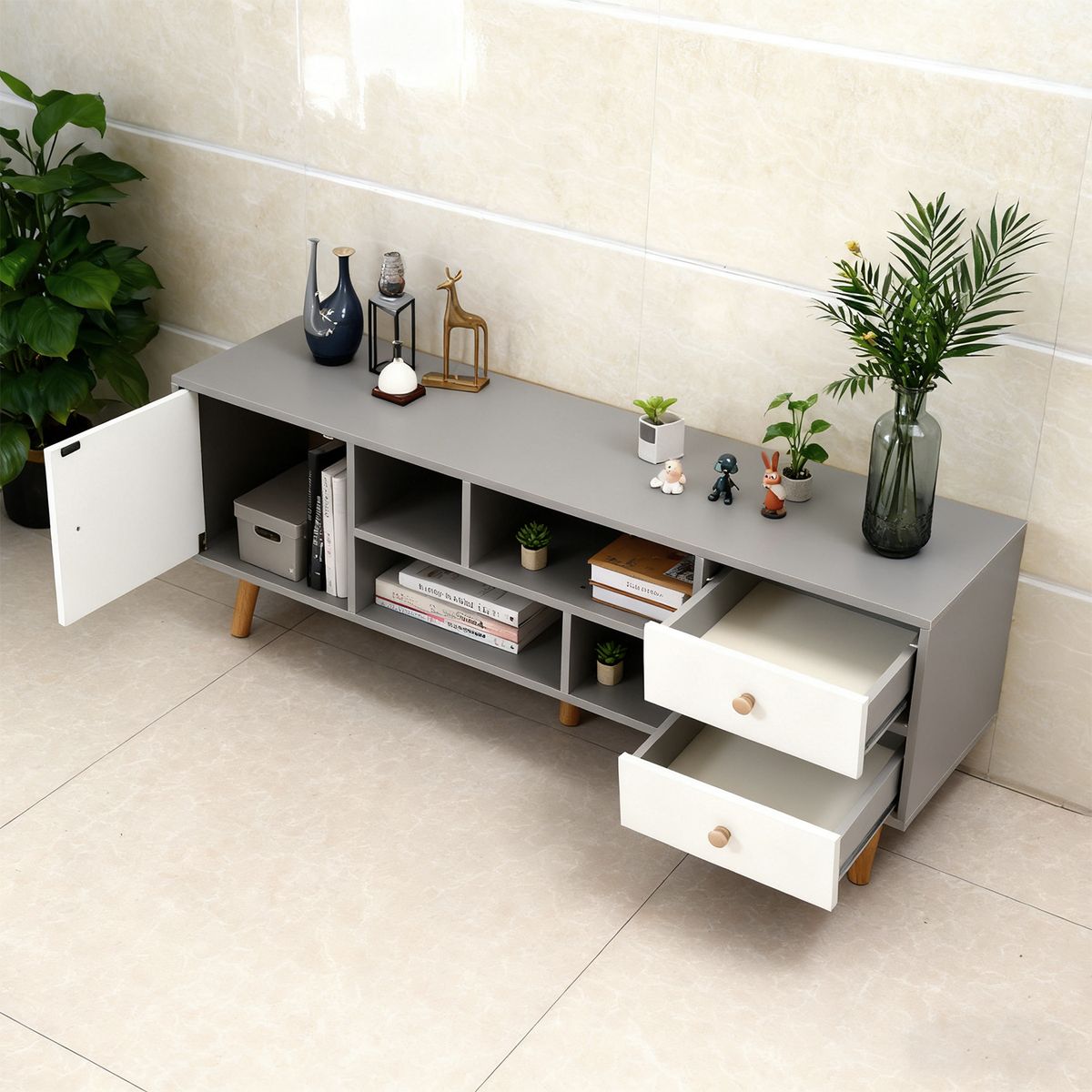 ROHE - Rack TV 55" 120x30x40 cm Gris Blanco ROHE con 3 Cajones MDF