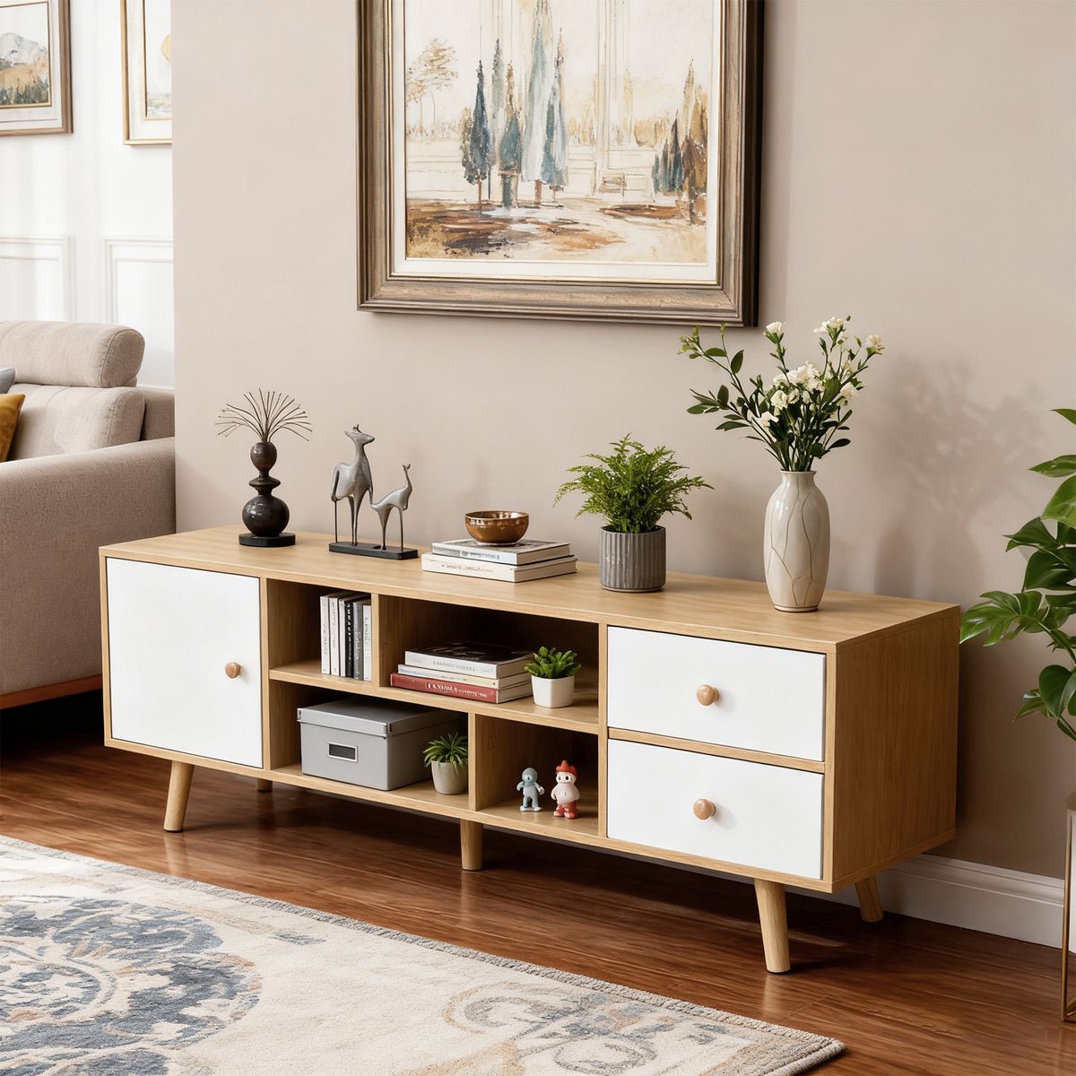 ROHE - Rack TV 55" 120x30x40 cm Roble Blanco ROHE con 3 Cajones MDF