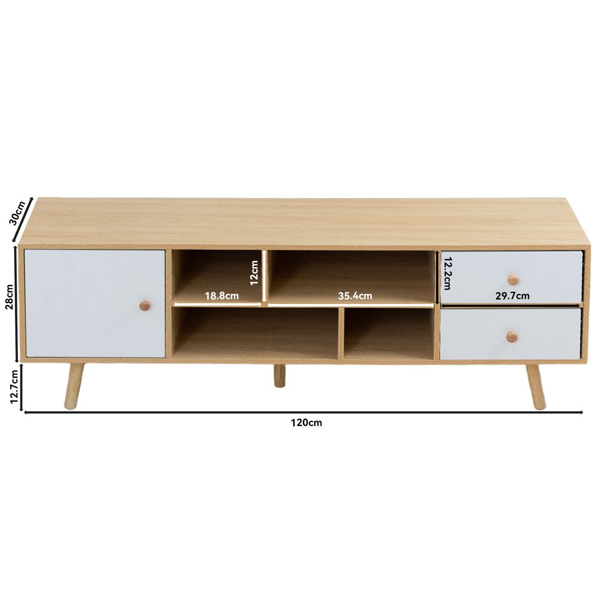 ROHE - Rack TV 55" 120x30x40 cm Roble Blanco ROHE con 3 Cajones MDF