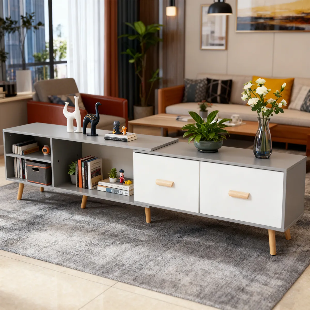 ROHE - Rack TV 55" (140-218)x40x30 cm Gris ROHE con 2 Cajones MDF Corredizas