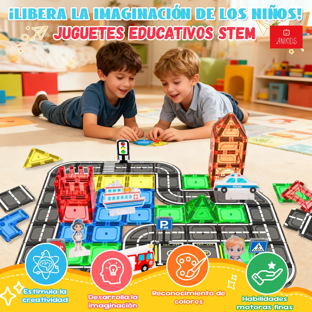 ANIKIDS - Bloques y Carreteras Magneticos Juguete Armable Niños 104pcs