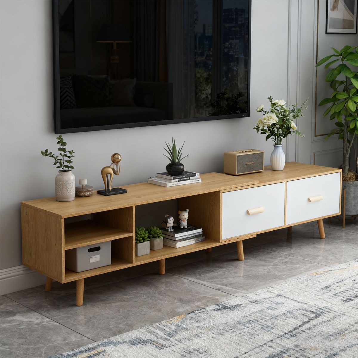 ROHE - Rack TV Color Roble (140-218)x40x30 cm 2 Cajones Deslizantes