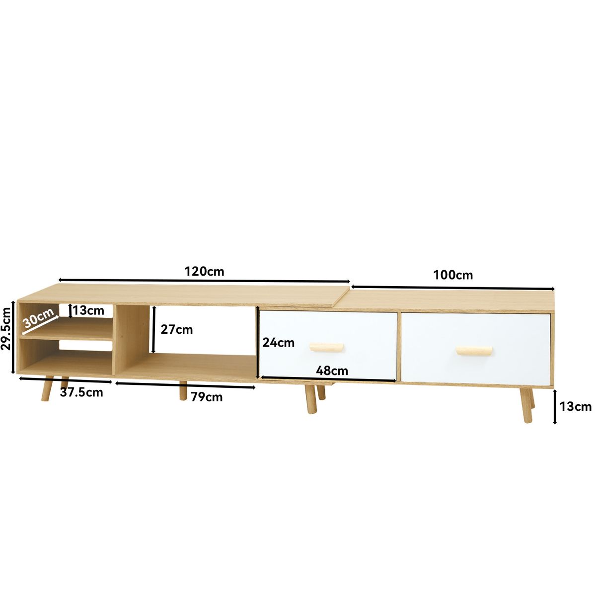 ROHE - Rack TV Color Roble (140-218)x40x30 cm 2 Cajones Deslizantes