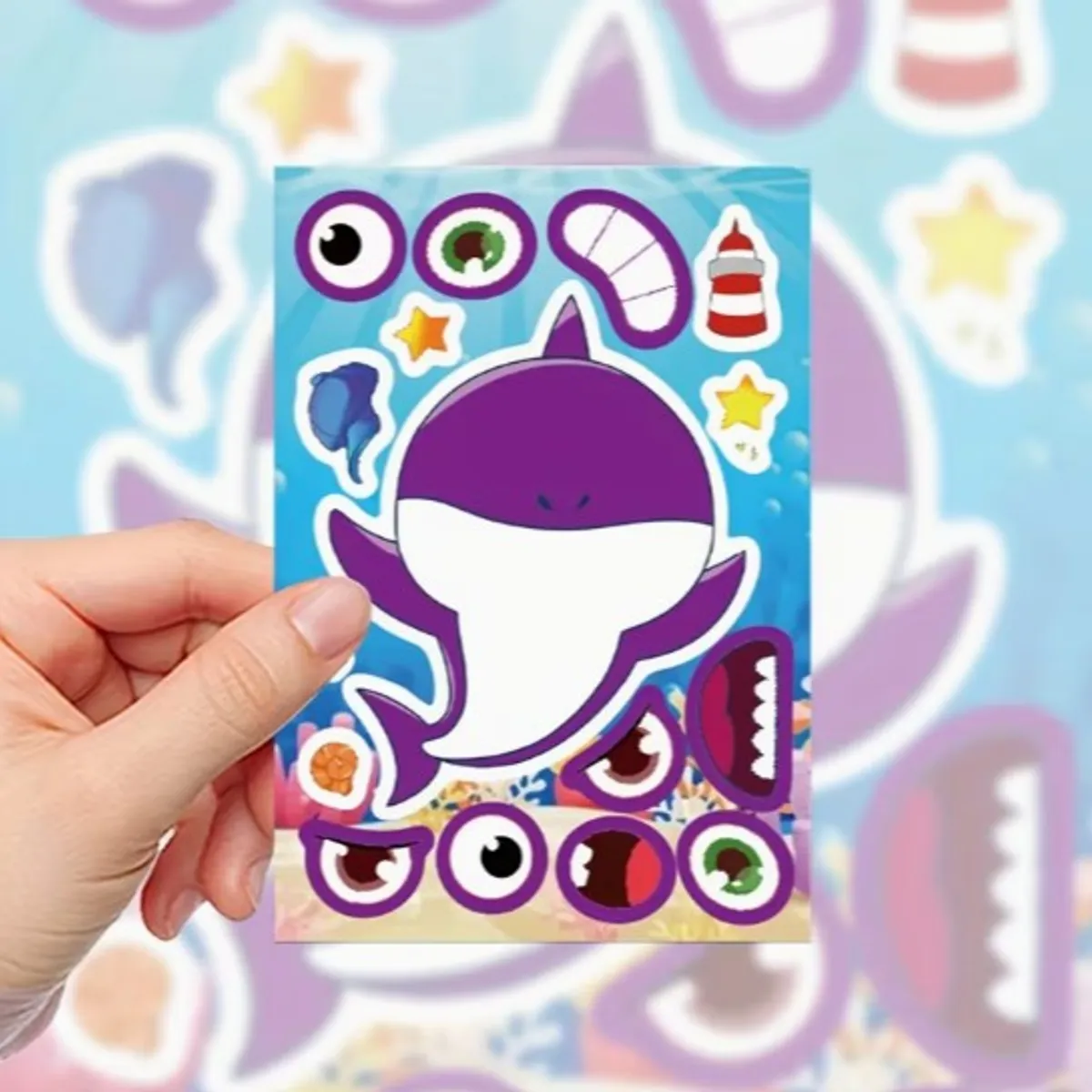 GENERICO - 8 Pegatinas Baby Shark Stickers Armable Rompecabezas Tiburon