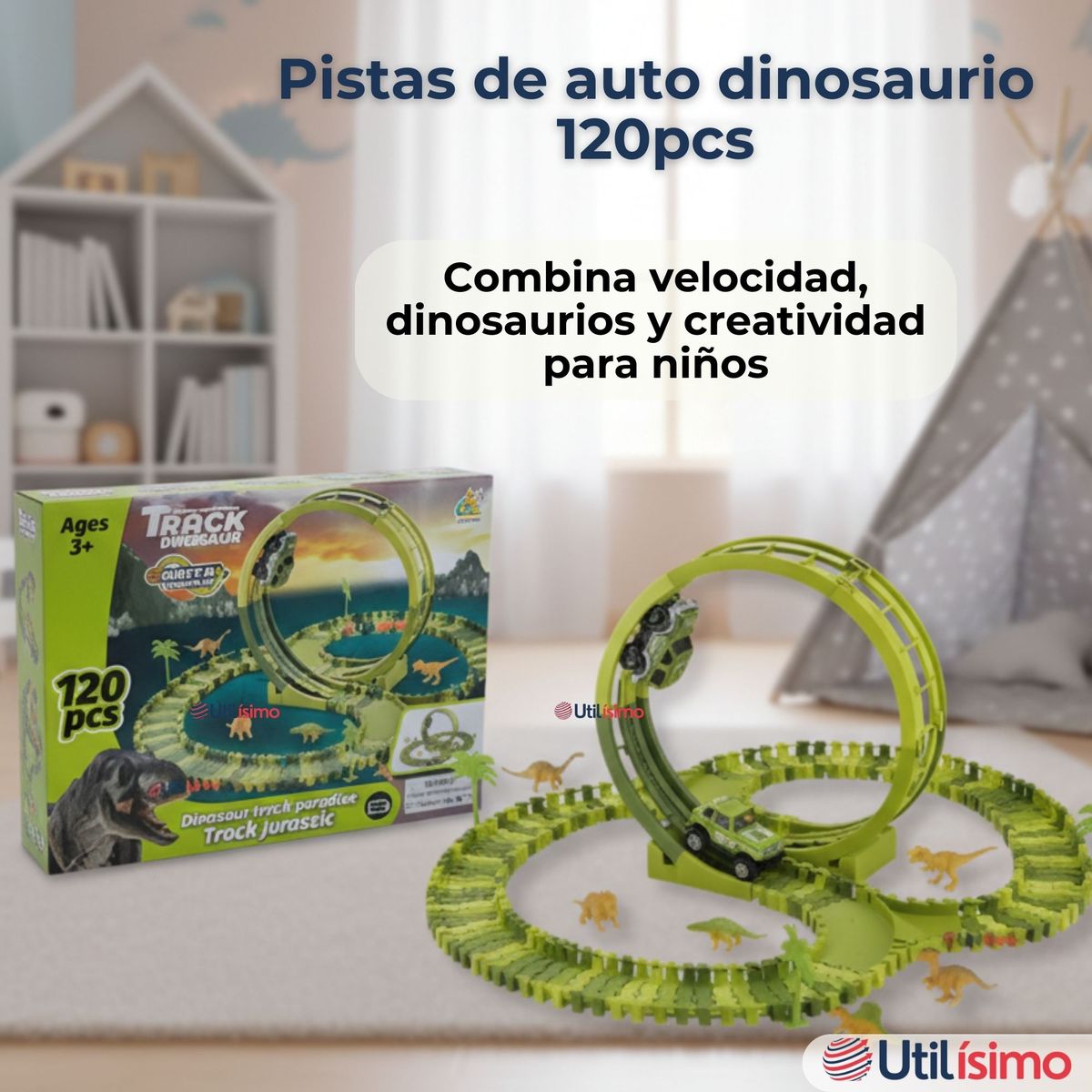 LINE - Pista Carreras de Auto Juguete Flexible Dinosaurio 120 Piezas Niños