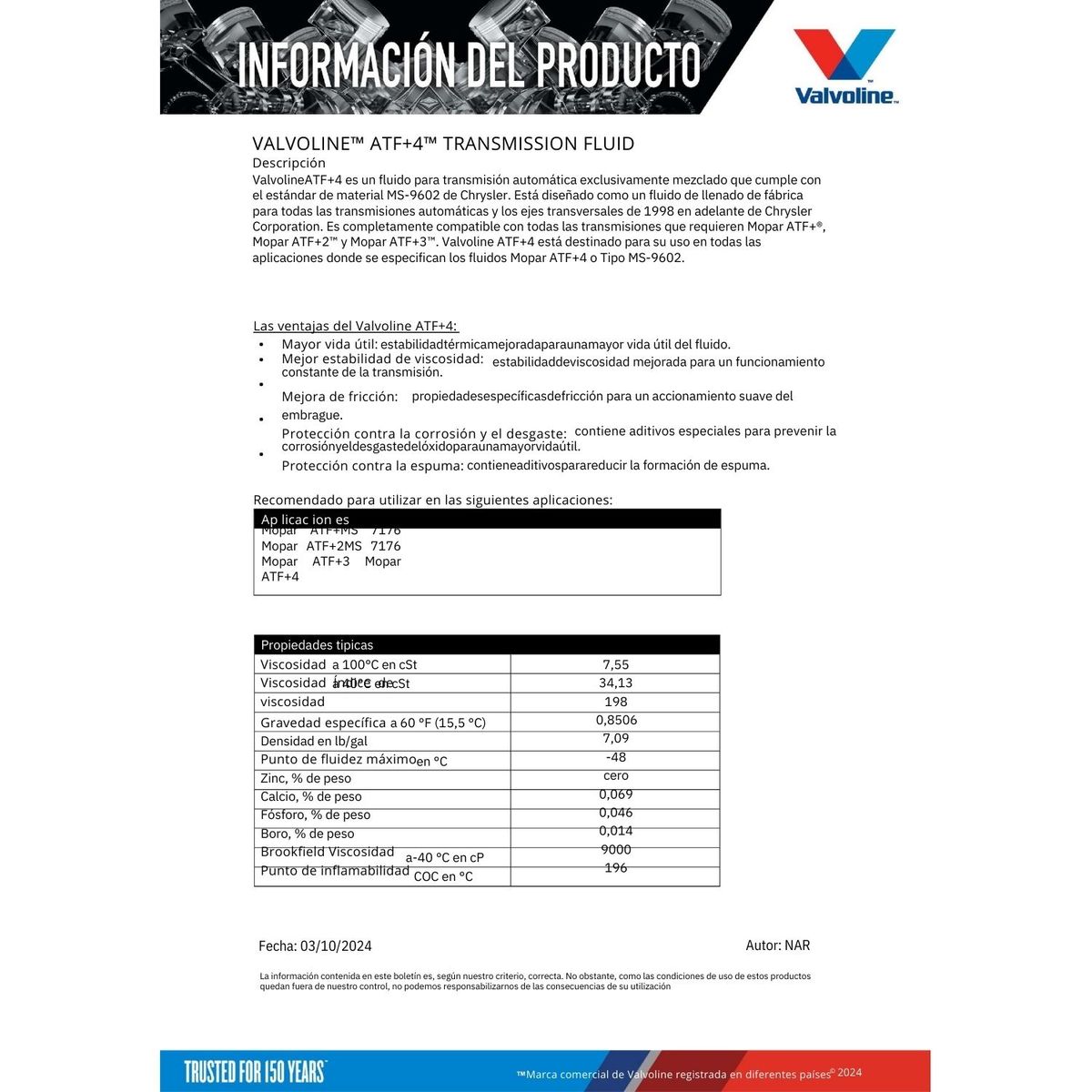 VALVOLINE - Lubricante para Caja Automatica ATF+4 Valvoline 946 Ml.