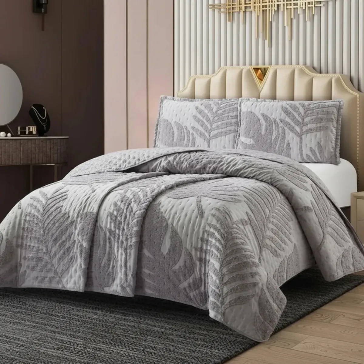 GENERICO - CUBRECAMA GRIS TUFTING KING DE VERANO MODERNO ELEGANTE SERIE 3 TF