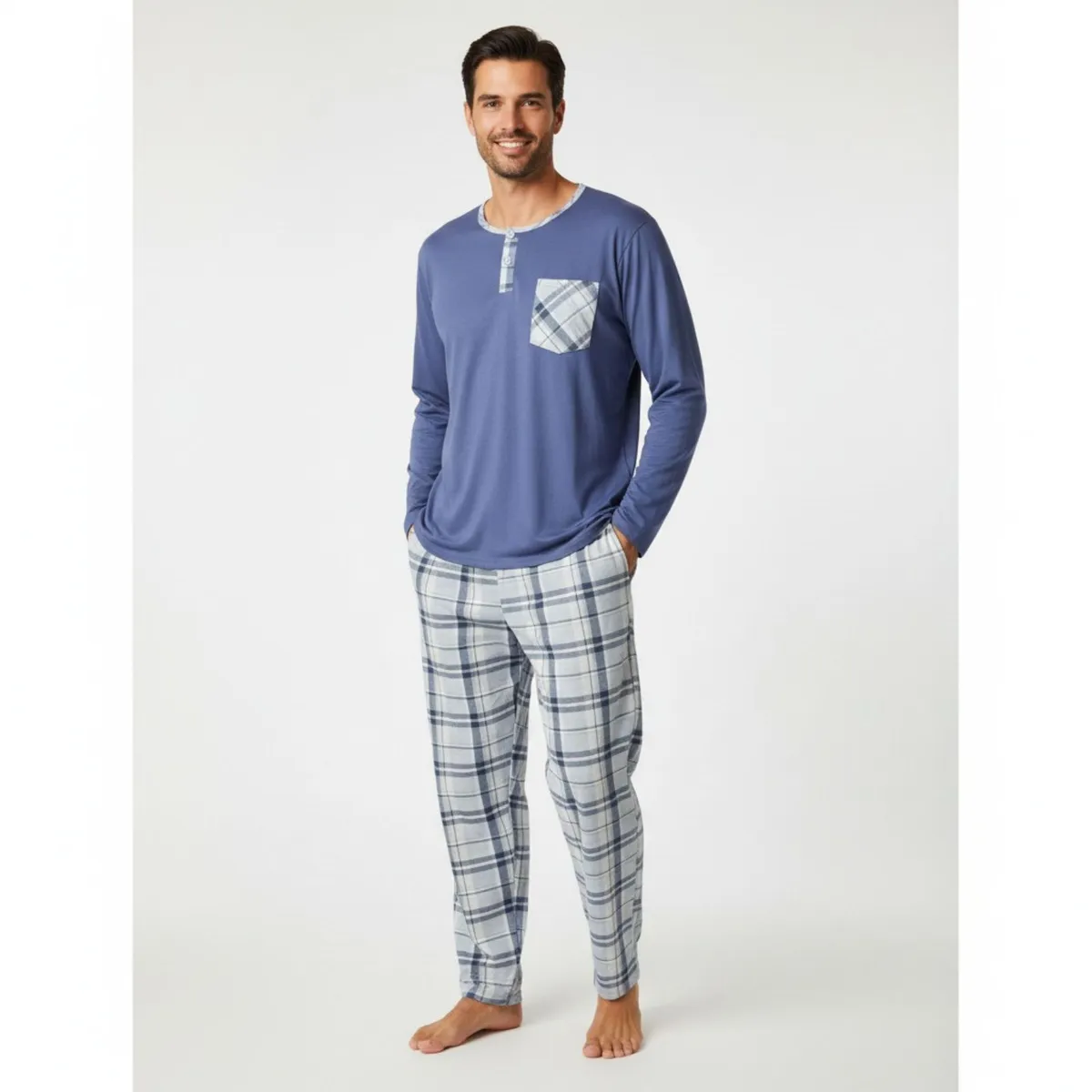 LIKE SHOP - Pijama Hombre Manga Larga Pantalon Largo Verano 4026