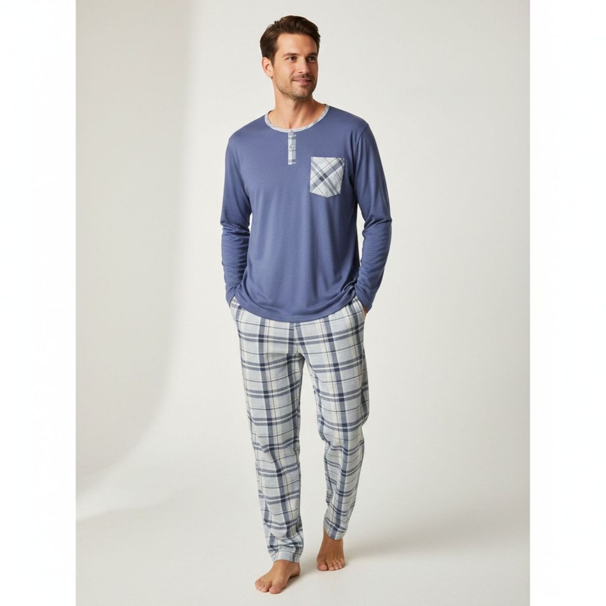 LIKE SHOP - Pijama Hombre Manga Larga Pantalon Largo Verano 4026