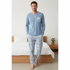 LIKE SHOP - Pijama Hombre Manga Larga Pantalon Largo Verano 4026