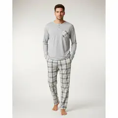 LIKE SHOP - Pijama Hombre Manga Larga Pantalon Largo Verano 4026