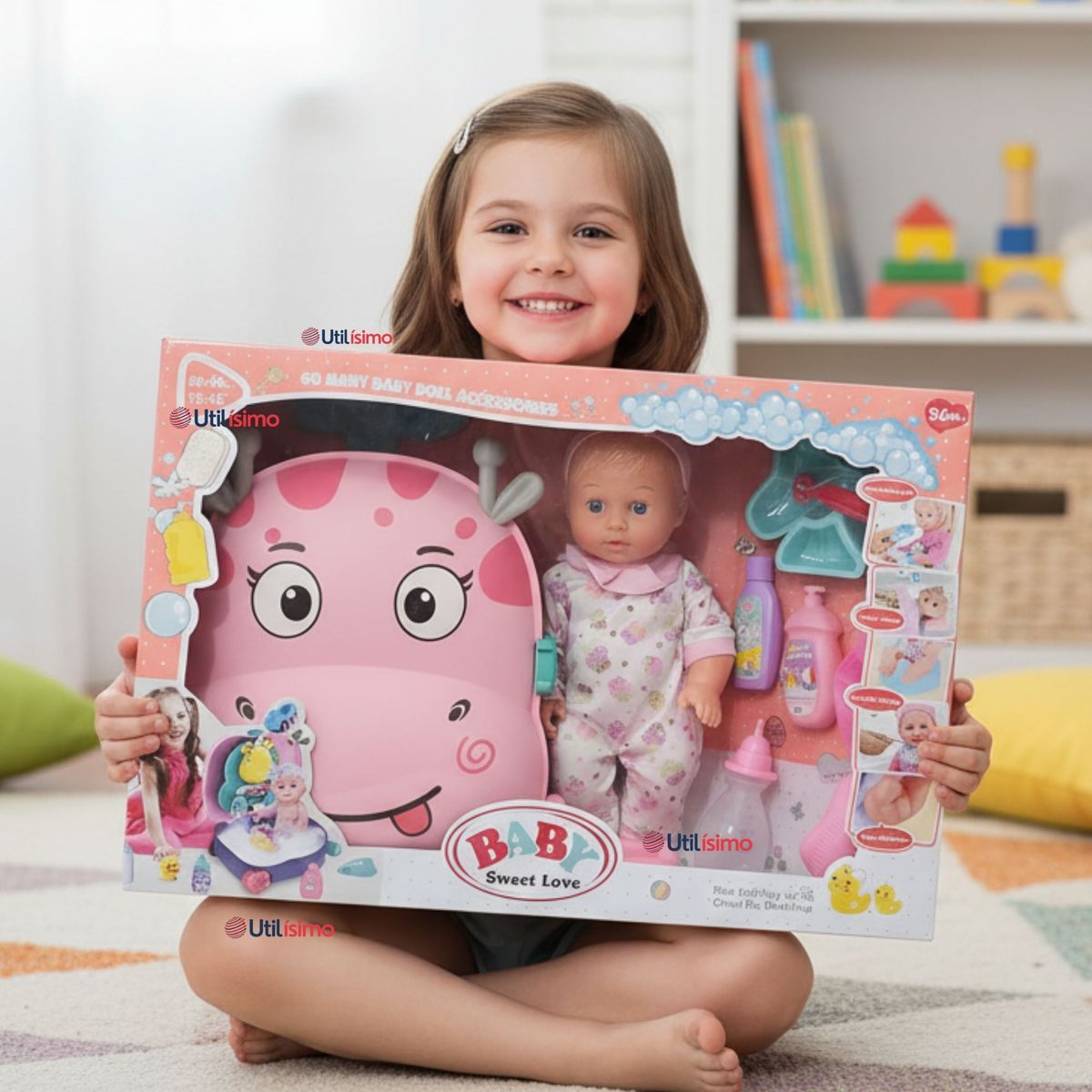 LINE - Muñeca Bebe Juguete Con Set Para Baño Con Accesorios