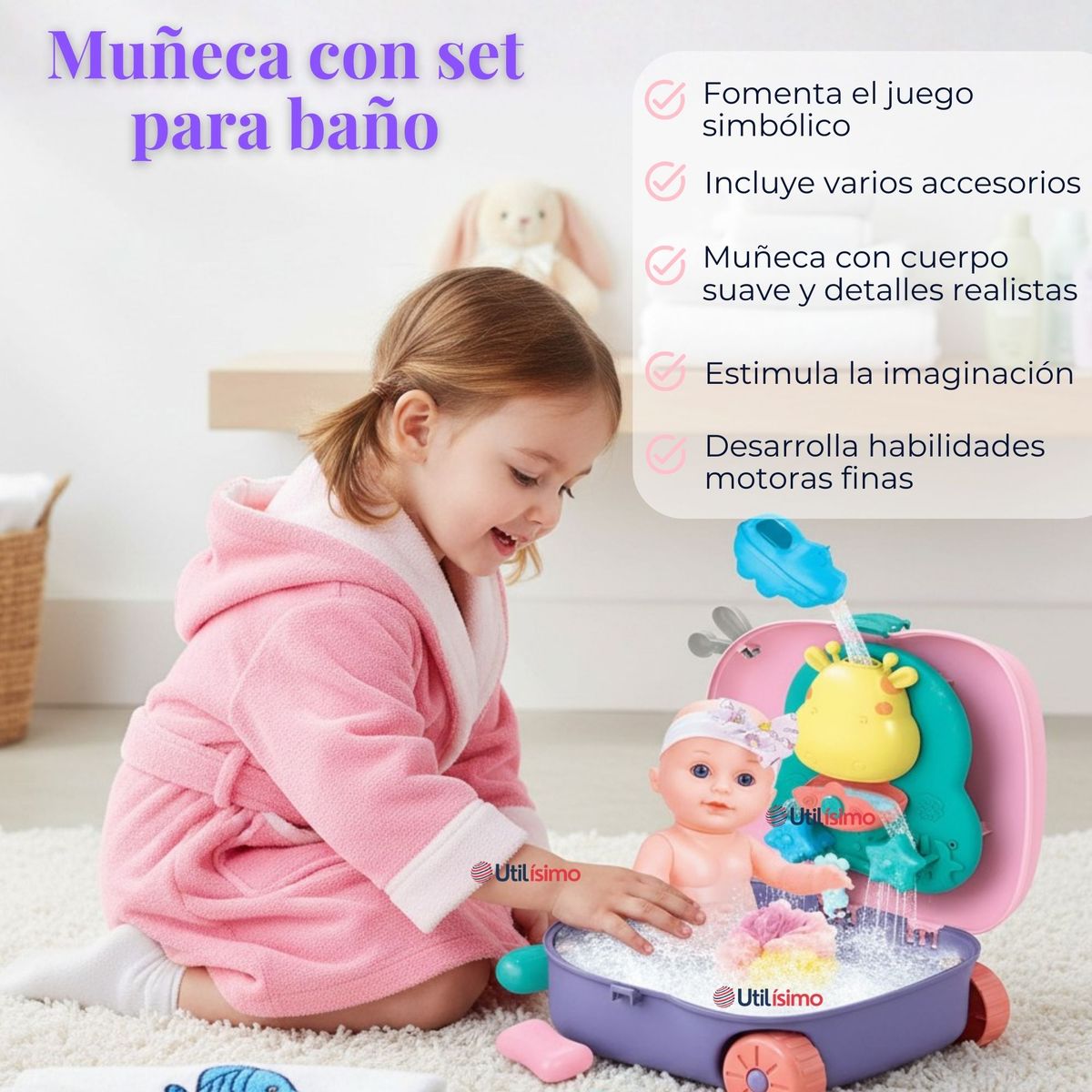 LINE - Muñeca Bebe Juguete Con Set Para Baño Con Accesorios