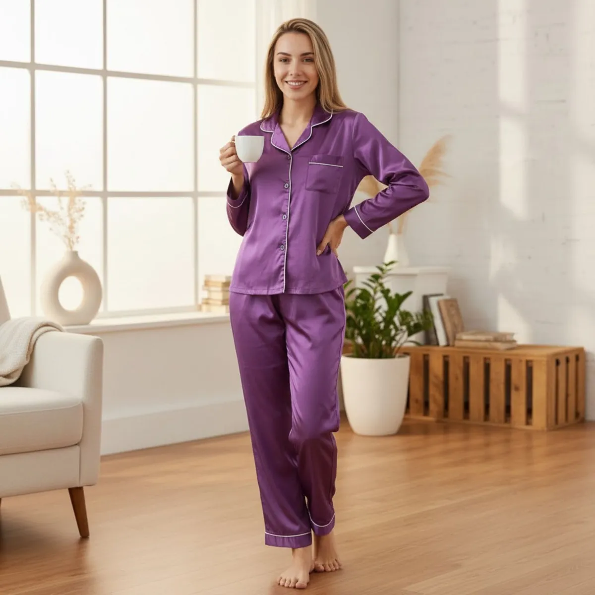 LIKE SHOP - Pijama Mujer Satinado 2 Piezas Manga Larga Botones Colores 038
