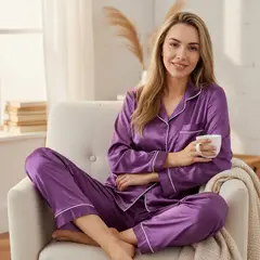 LIKE SHOP - Pijama Mujer Satinado 2 Piezas Manga Larga Botones Colores 038