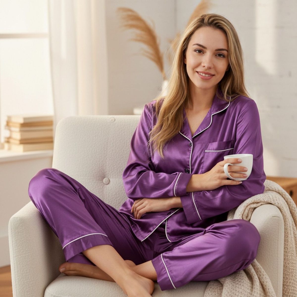 LIKE SHOP - Pijama Mujer Satinado 2 Piezas Manga Larga Botones Colores 038