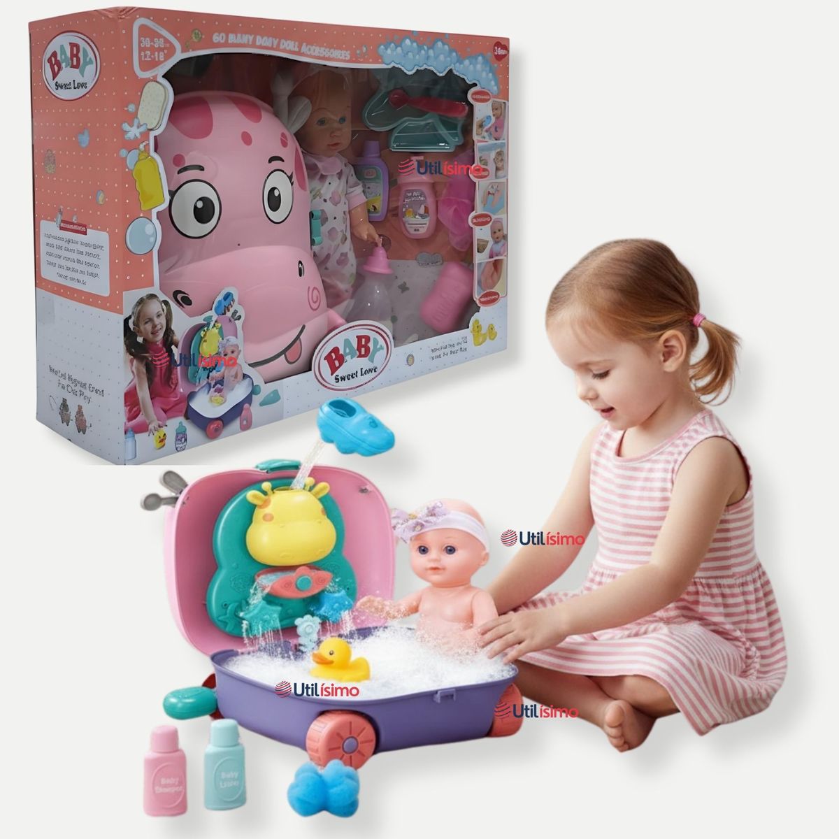 LINE - Muñeca Bebe Juguete Con Set Para Baño Con Accesorios