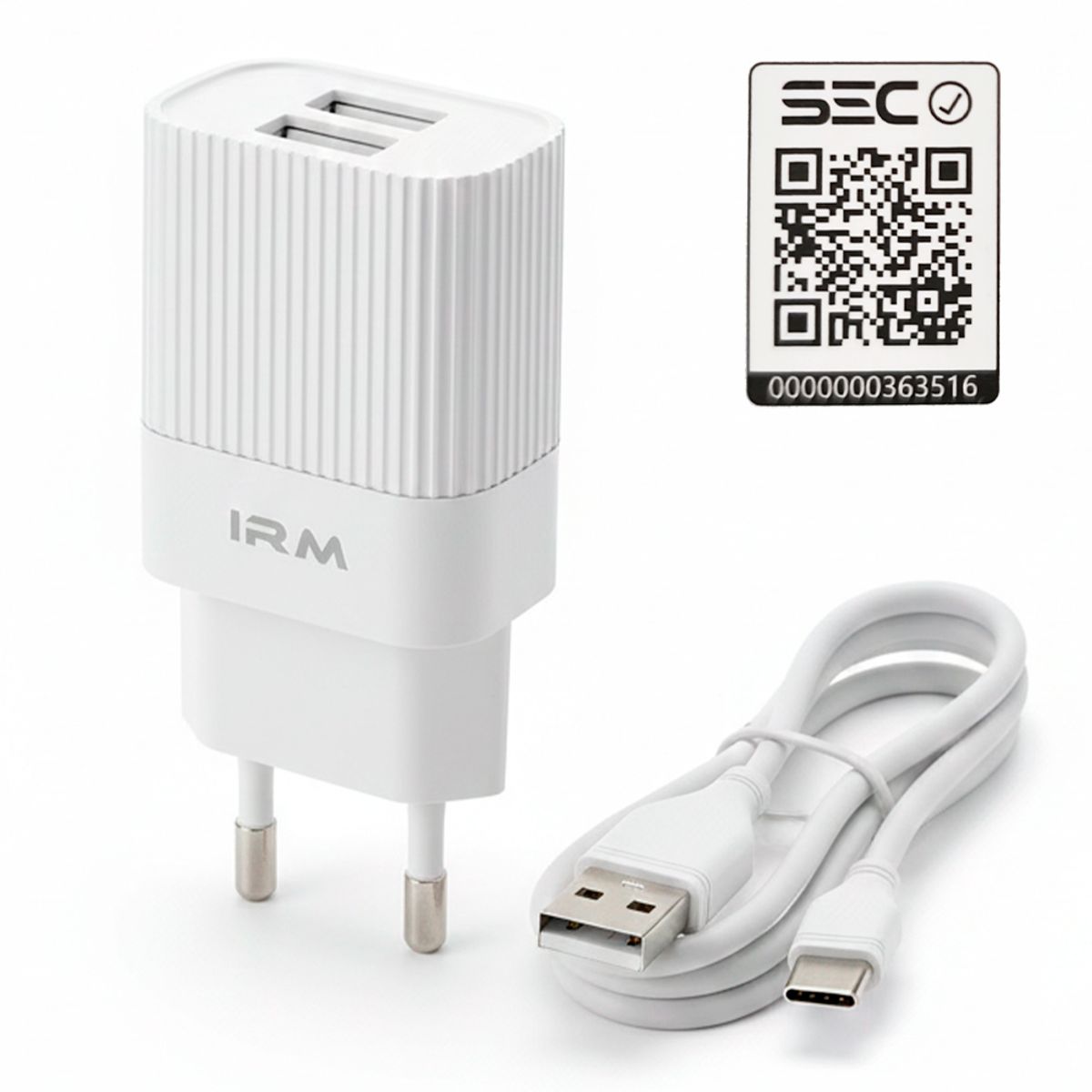 IRM - Cargador Rapido Doble Puerto Usb Con Cable Usb-c Certificado SEC Blanco