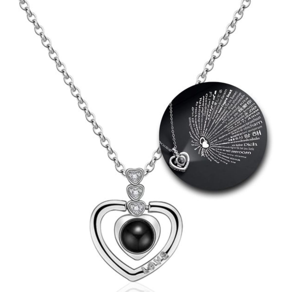 GENERICO - Collar de Acero Corazón Proyectable “Te Amo” en 100 Idiomas