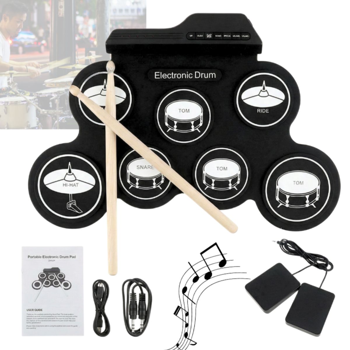 GENERICO - Batería Tambor Electrónico 7 Pads Con Pedales Drum Pad Portátil Negro