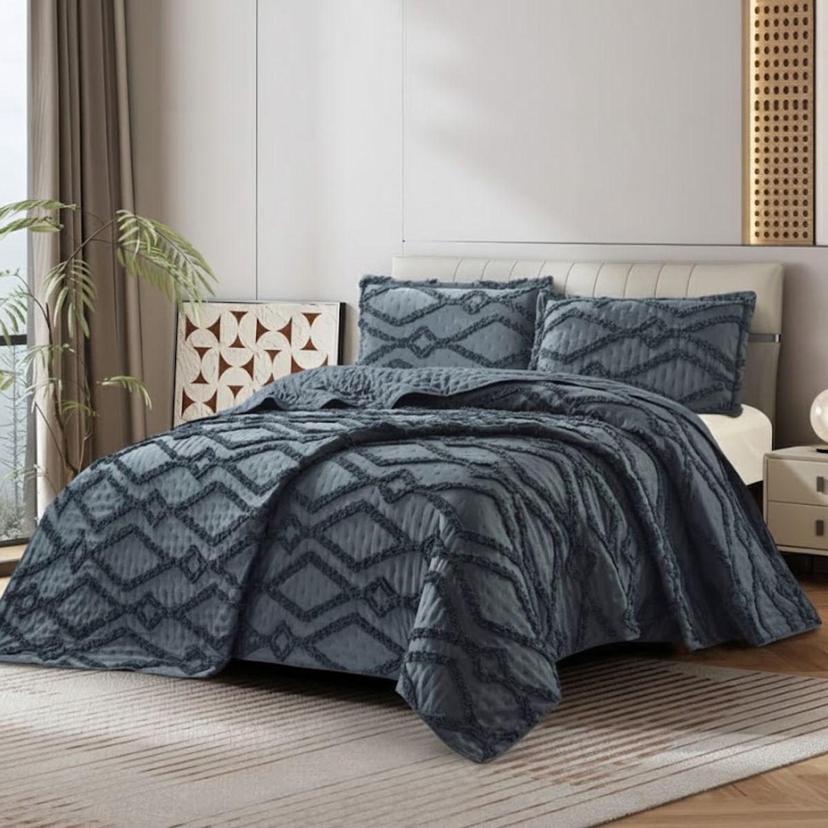 GENERICO - CUBRECAMA 2 PLAZA TUFTING RELIEVE DIAMANTE DE VERANO MODERNO ELEGANTE SERIE 2 TF