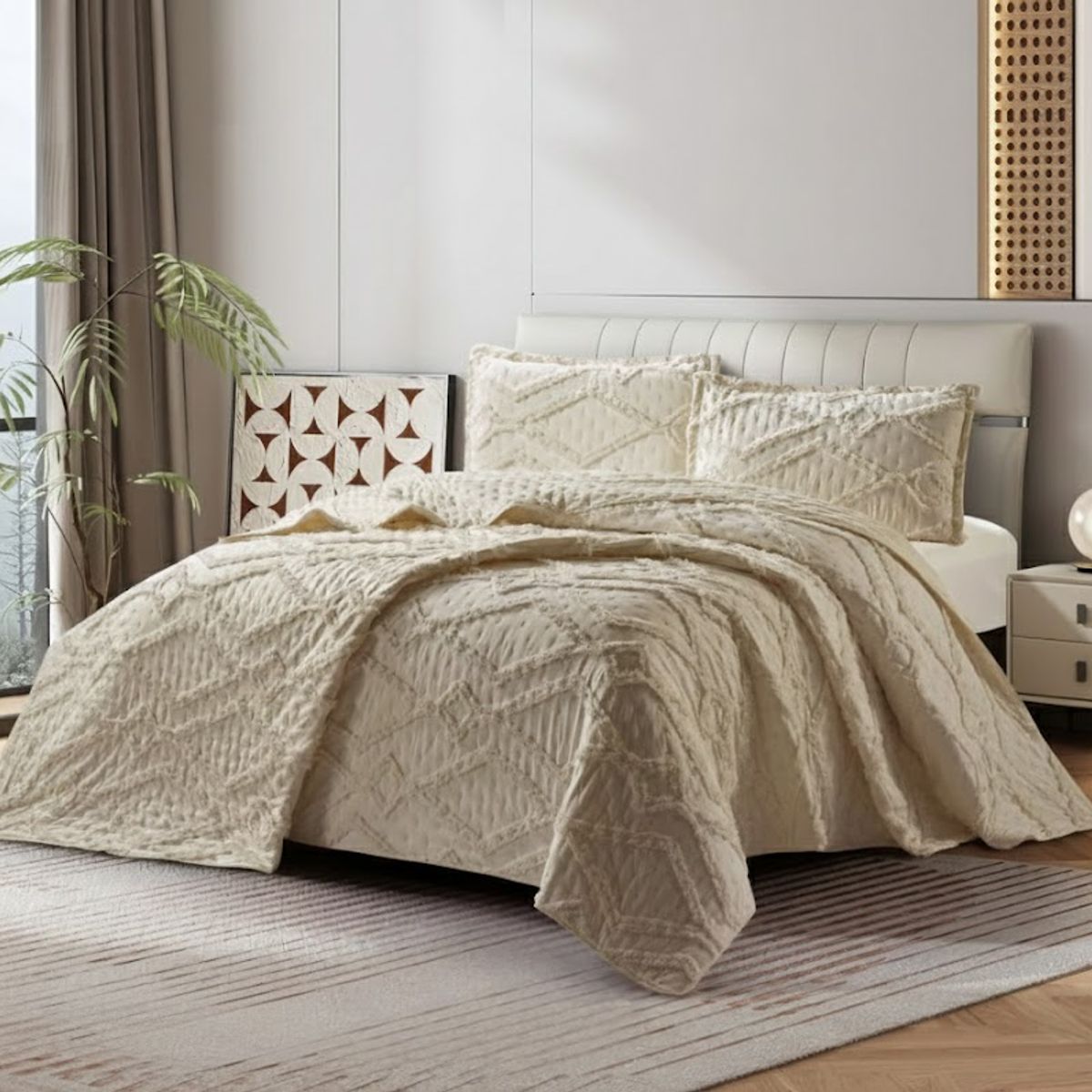 GENERICO - CUBRECAMA 2 PLAZA TUFTING RELIEVE DIAMANTE DE VERANO MODERNO ELEGANTE SERIE 2 TF