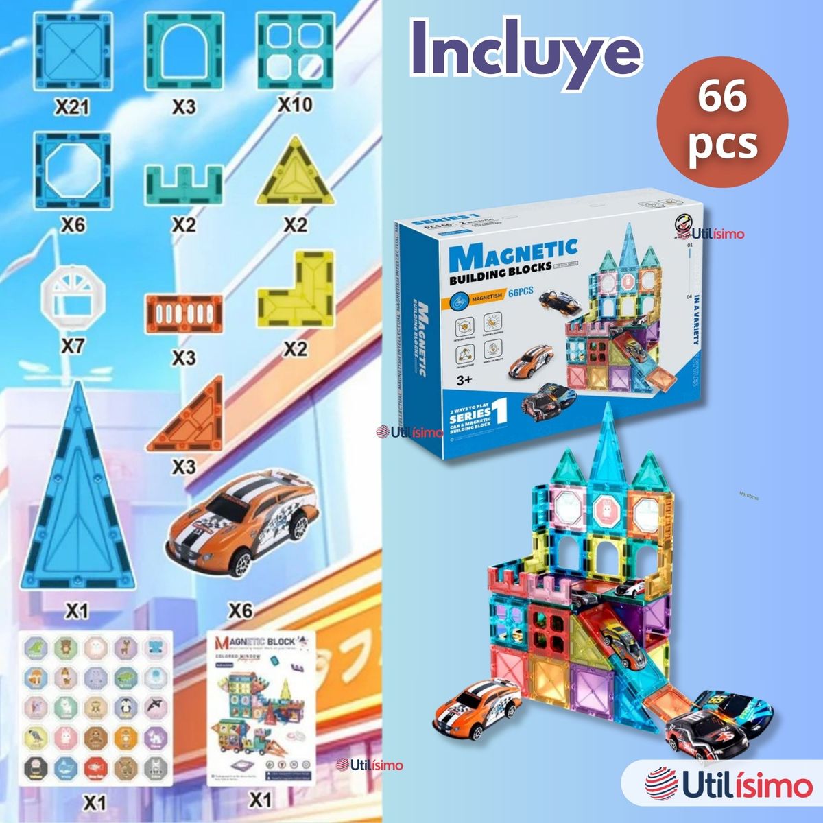 UTILISIMO - Juego Bloques De Construcción Magnéticos 3D 66 Piezas para Niño o Niña