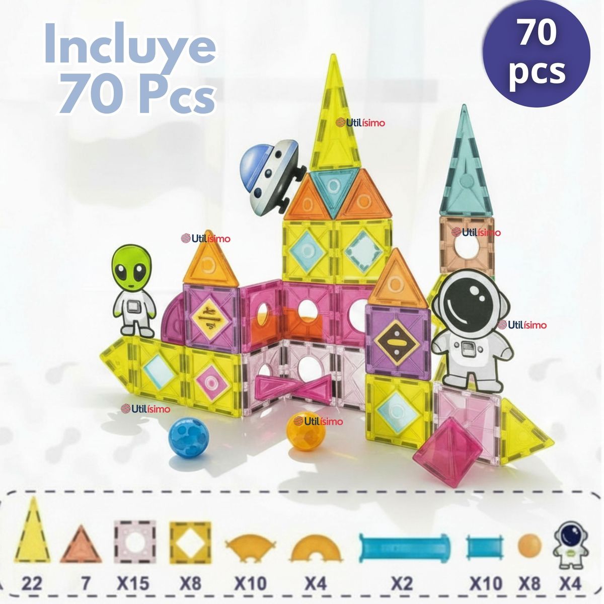 UTILISIMO - Juego Bloques De Construcción Magnéticos 3D 70 Piezas para Niño o Niña