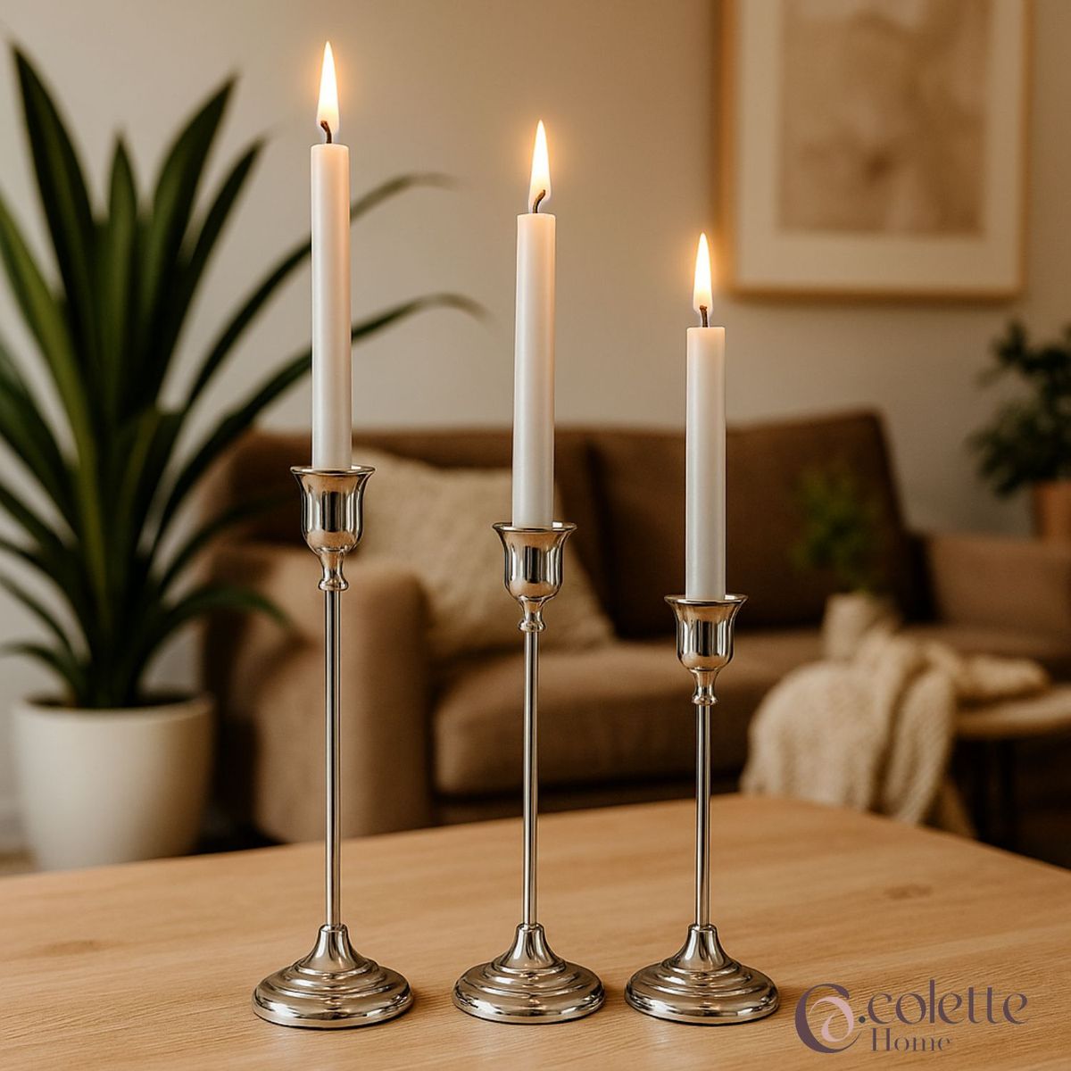 COLETTE - Set De Porta Velas Candelabro Metálico Elegante Plata Mónaco
