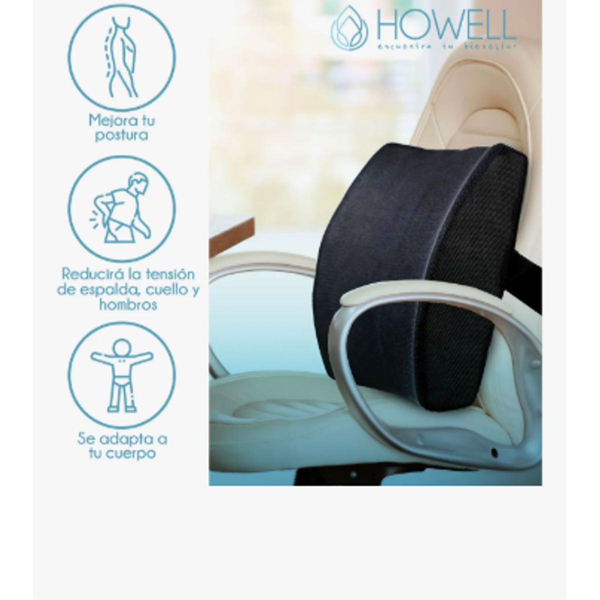 GENERICO - Cojín Lumbar Ortopédico Para Espalda Howell Soporte Dorsal Color Negro Diseño de la tela