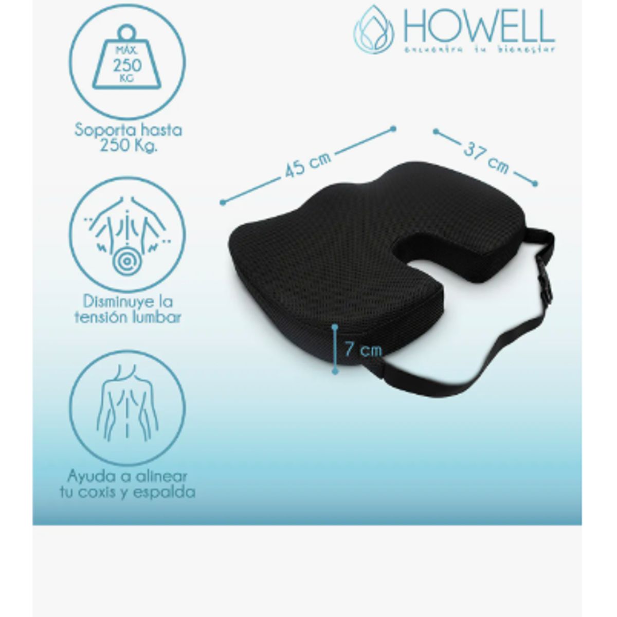 GENERICO - Cojín Lumbar Ortopédico Viscoelástico Howell Asiento Color Negro Diseño de la tela