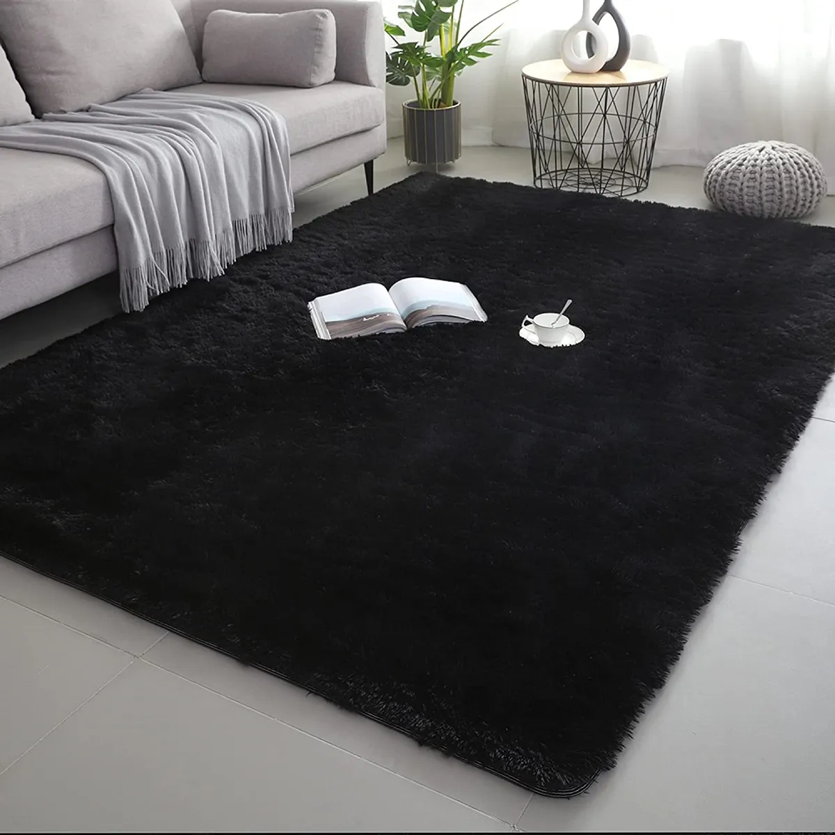 GENERICO - ALFOMBRA NEGRA PELUDA 200X300 ANTIDESLIZANTE SUAVE DECORATIVA TF
