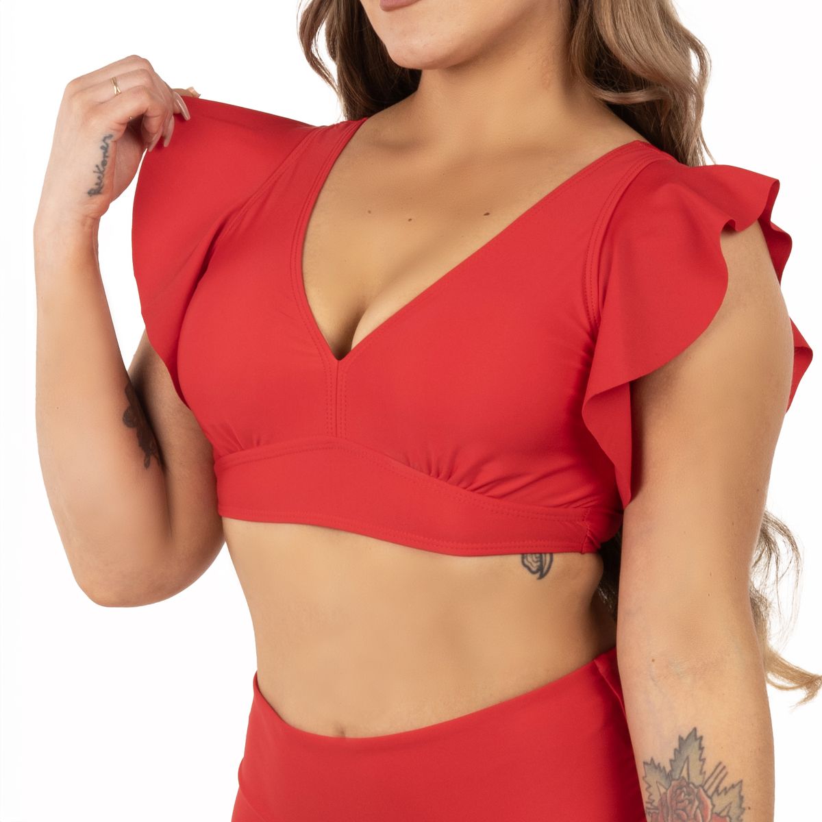 HIPSY SWIMWEAR - Top traje de baño Vuelos hombros escote V Rojo