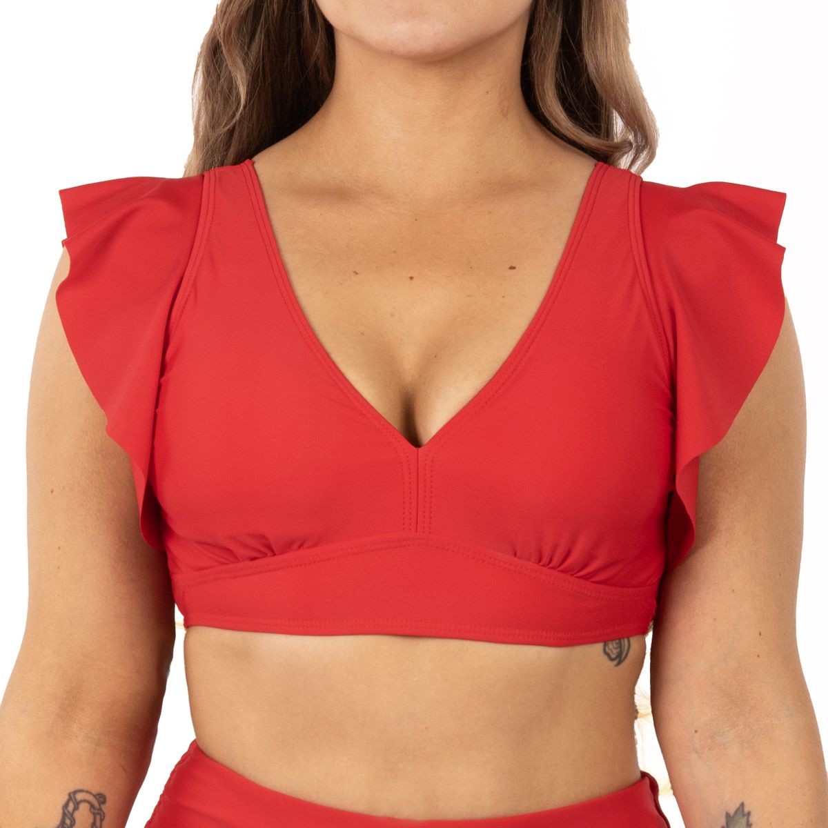 HIPSY SWIMWEAR - Top traje de baño Vuelos hombros escote V Rojo